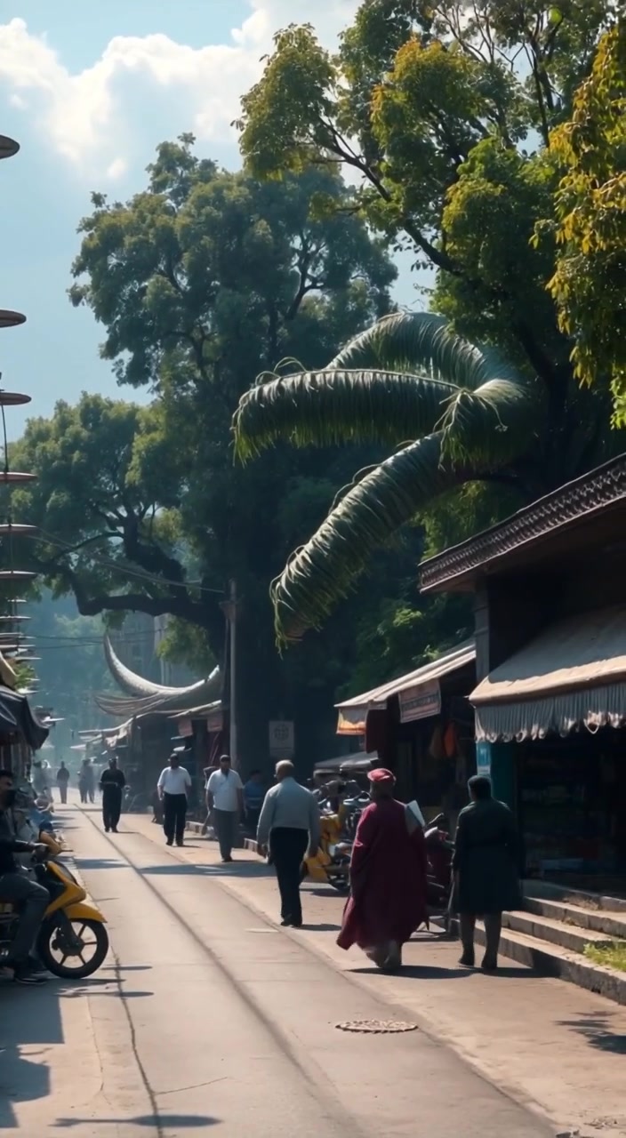 Leaves gently sway in the trees as a soft breeze rustles through the quiet street lined with shops.
