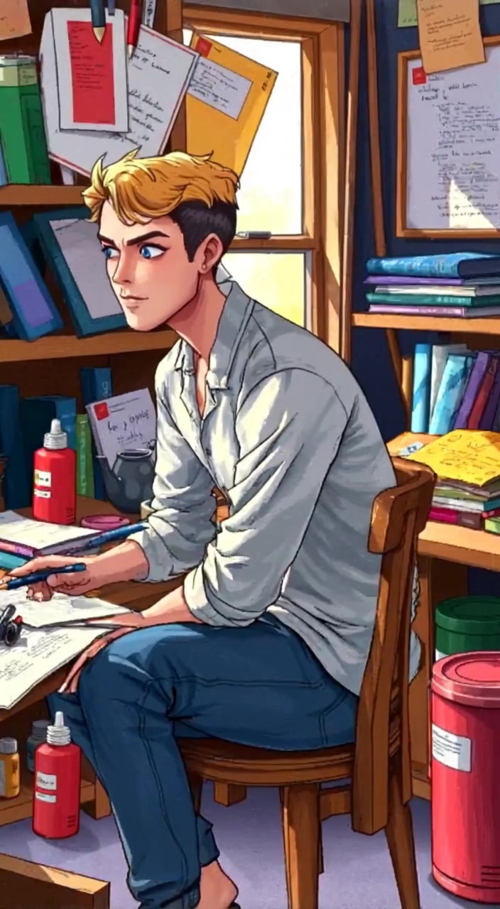 The man gazes thoughtfully at a canvas, paintbrush in hand, while letters flutter gently on the cluttered desk.
