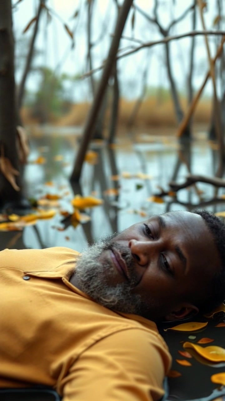 Scene: A stark, murky swamp with overgrown vegetation and stagnant water all around. Style: Dim, eerie lighting accentuating the gloom of the surroundings, with shadows lurking in the dense fog. Motion: The camera slowly pushes in towards the ground where Zé lies collapsed, capturing the surrounding swamp as it pulsates with life, a contrast to the stillness of the subject.