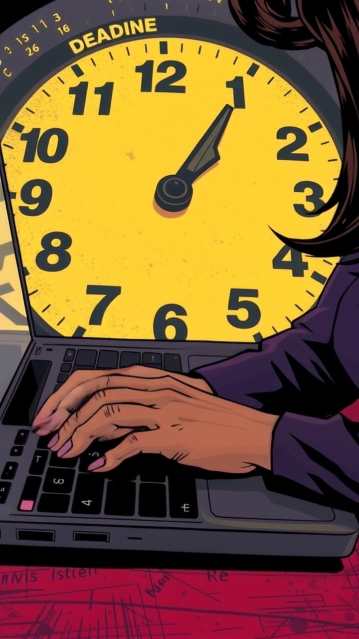 Scene: A close-up of hands typing rapidly on a laptop, with a deadline clock ticking in the blurred background. Style: Ambient lighting creating a focused atmosphere of urgency. Motion: Camera moves in closer, capturing the intensity of the fingers on the keyboard, then pulls back slightly to reveal the looming clock, emphasizing the pressing deadline.