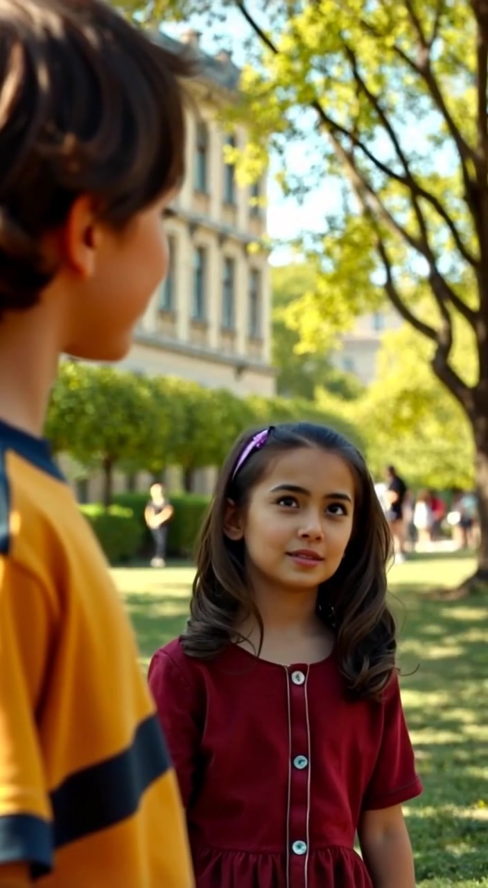 The boy gazes in wonder as the girl twirls gracefully amidst the sunlit park.