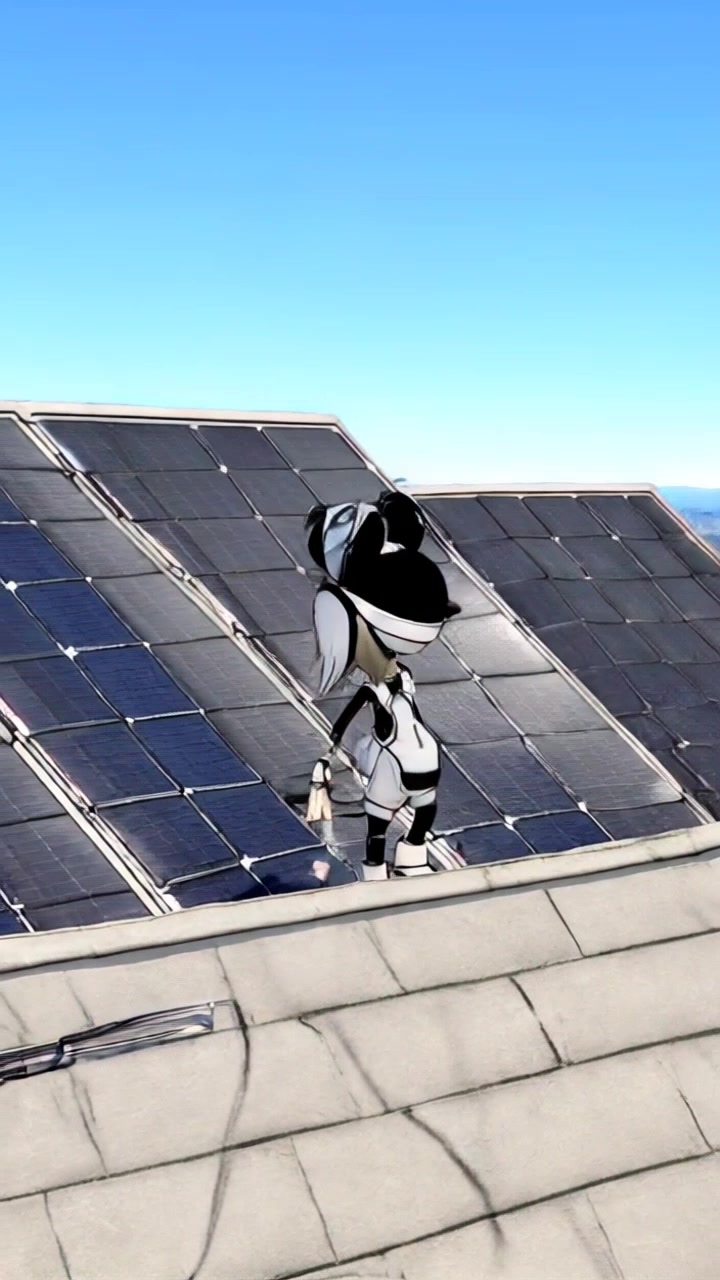 Subject: A solar installer inspecting a rooftop solar panel setup. Subject movement: The installer moves along the edge of the roof, carefully examining each panel. Scene: Bright day atop a residential building, surrounded by blue sky and distant cityscape. Style: Vibrant, sunlight casting sharp shadows and illuminating the panels. Motion: Camera follows the installer with a smooth handheld tracking shot, capturing the details of the installation while maintaining a clear view of the surroundings.
