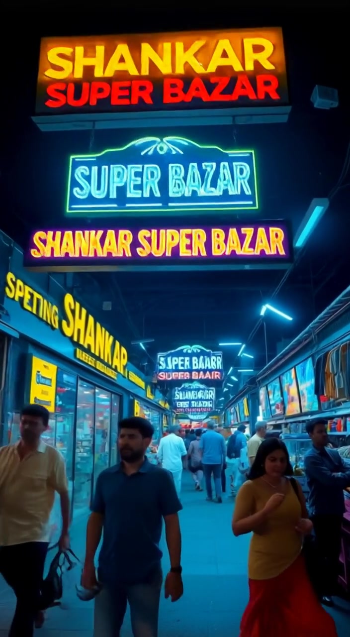 A wide shot of the exterior of Shankar Super Bazar, showing bright signage and various shoppers entering.