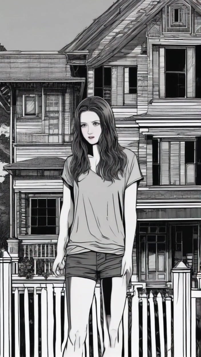 Subject: Emily, a young woman with a worried expression, dressed in casual attire. Subject Movement: Stillness. Scene: Emily standing in front of her old house in Ravenswood, with a sense of apprehension in the air. Camera Language: Slow push in on Emily's face as she gazes at the house, capturing the emotion on her face. Lighting: Soft evening light casting long shadows and creating a dramatic atmosphere.