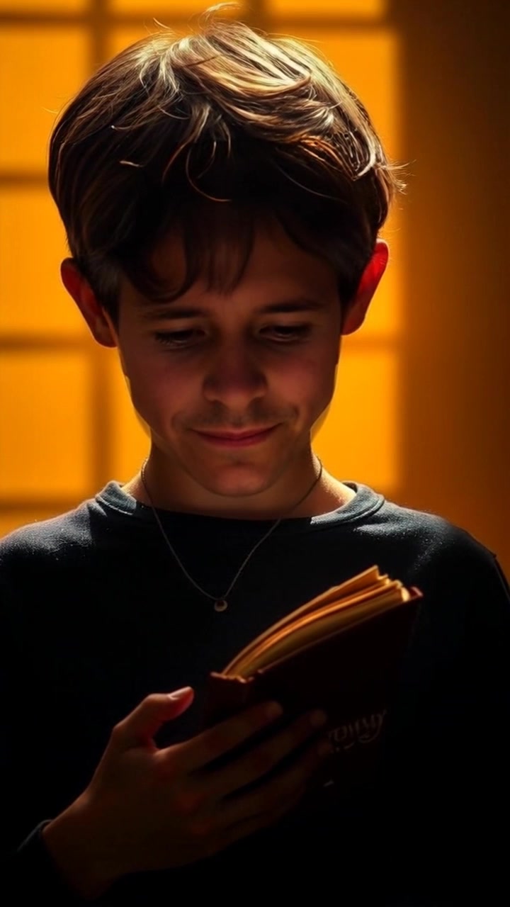 A close-up of a 10-year-old boy named Tommy, with messy brown hair, standing with a worn-out book in his hands.