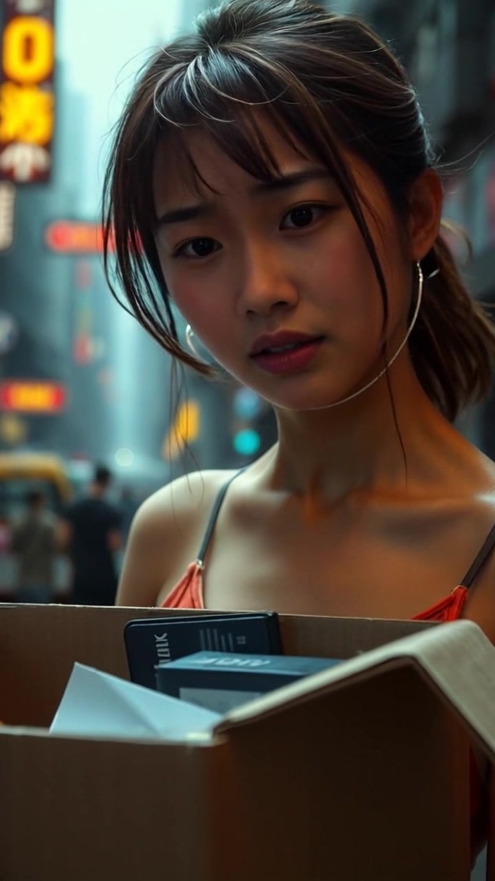 Subject: A young woman with an expression of urgency. Subject movement: She rapidly opens and checks her nearly empty box of content creator kits, glancing around as if to assess her options. Scene: A cluttered workspace scattered with art supplies and gadgets, bright overhead lighting accentuating the details. Motion: The camera performs a dramatic push in on her face, capturing the anxiety in her eyes before transitioning to a close-up of the empty box. Lighting: Bright, well-lit environment that enhances the feeling of urgency. Atmosphere: Tense, driven mood as she realizes her dwindling resources.