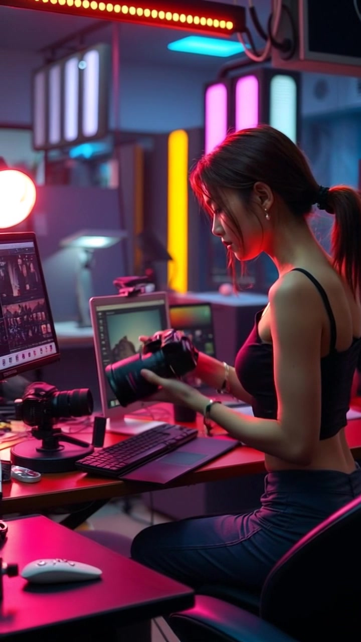 Subject: A young woman with a low ponytail is seated at her desk, actively adjusting a camera lens while pondering her creative ideas. Scene: A bustling creative workspace filled with various camera equipment, laptops, and artistic tools. Lighting: Soft, ambient light filtering through a nearby window, creating an inviting atmosphere. Motion: The camera moves in closer to capture her concentrated expression and the intricate details of the equipment on her desk.