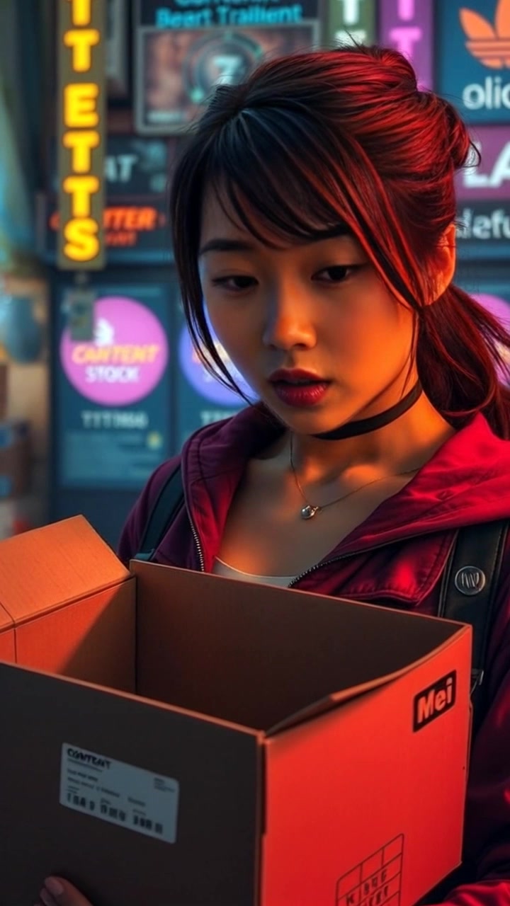 Subject: A young woman examining a nearly empty box of content creator kits. Subject movement: She leans closer with a look of urgency, glancing back and forth at the dwindling stock. Scene: A cluttered workspace filled with creative supplies, vibrant colors enhancing the atmosphere. Lighting: Warm ambient light filters through a nearby window, creating a cozy yet tense feel. Motion: Camera pushes in slowly to focus on her expression, then tilts slightly to capture the box and its contents.