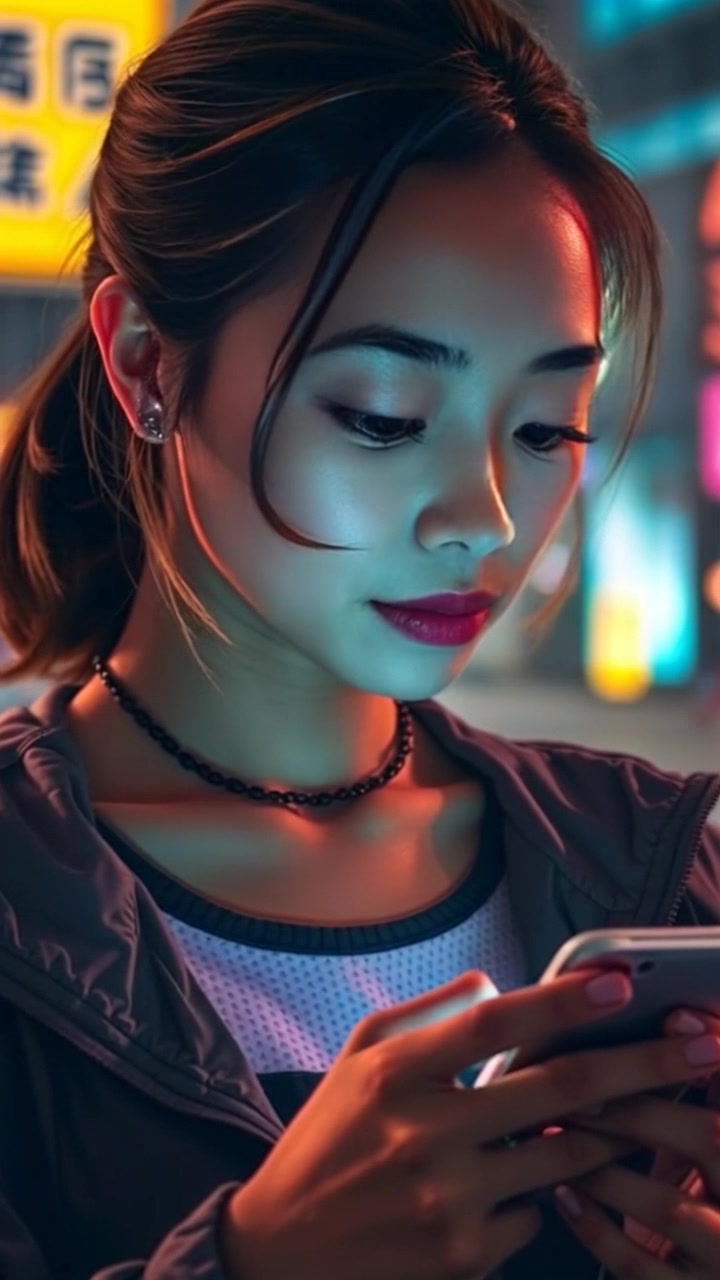 Scene: Close-up of a young woman's smartphone screen, dynamic social media notifications popping up rapidly, showcasing likes and comments. Style: Bright, vibrant lighting emphasizing the notifications' colors against the background. Motion: The camera performs a dramatic push-in on the smartphone as notifications burst forth, capturing the sensation of increasing engagement in real-time.