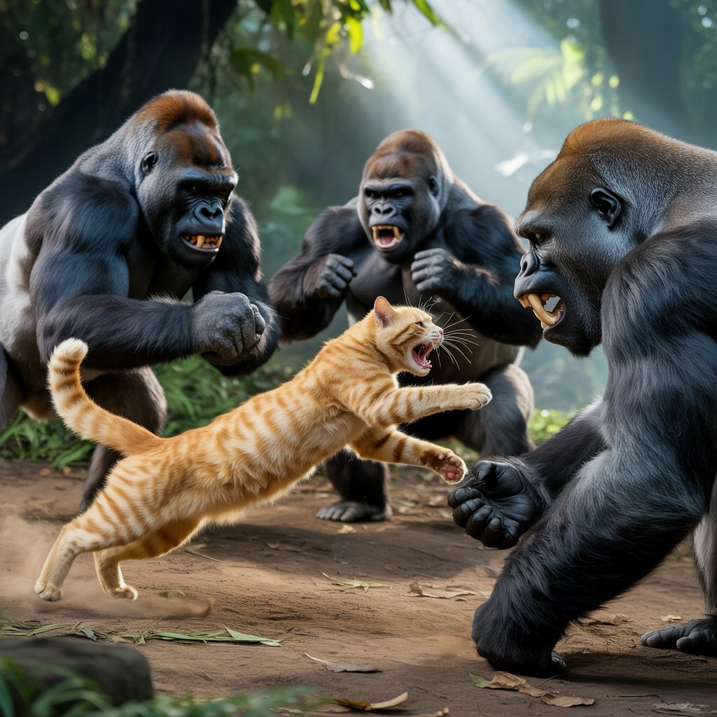 Yellow Cat Battles Gorilla and Drives Home in the Rain