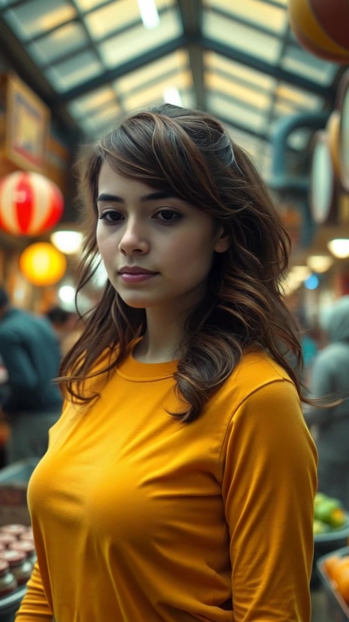 A young girl in a vibrant and bustling market stands still as she admires the colorful stalls surrounding her. The camera slowly pushes in on her, capturing the energy and liveliness of the scene. Bright ambient lighting illuminates the market, creating a lively and dynamic atmosphere.