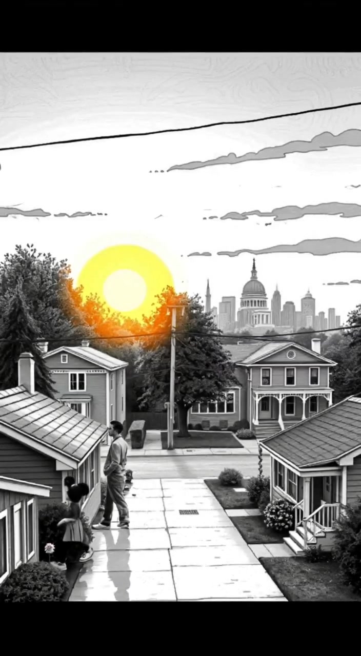 The sun gently rises, casting soft light over the peaceful neighborhood as birds begin to chirp.