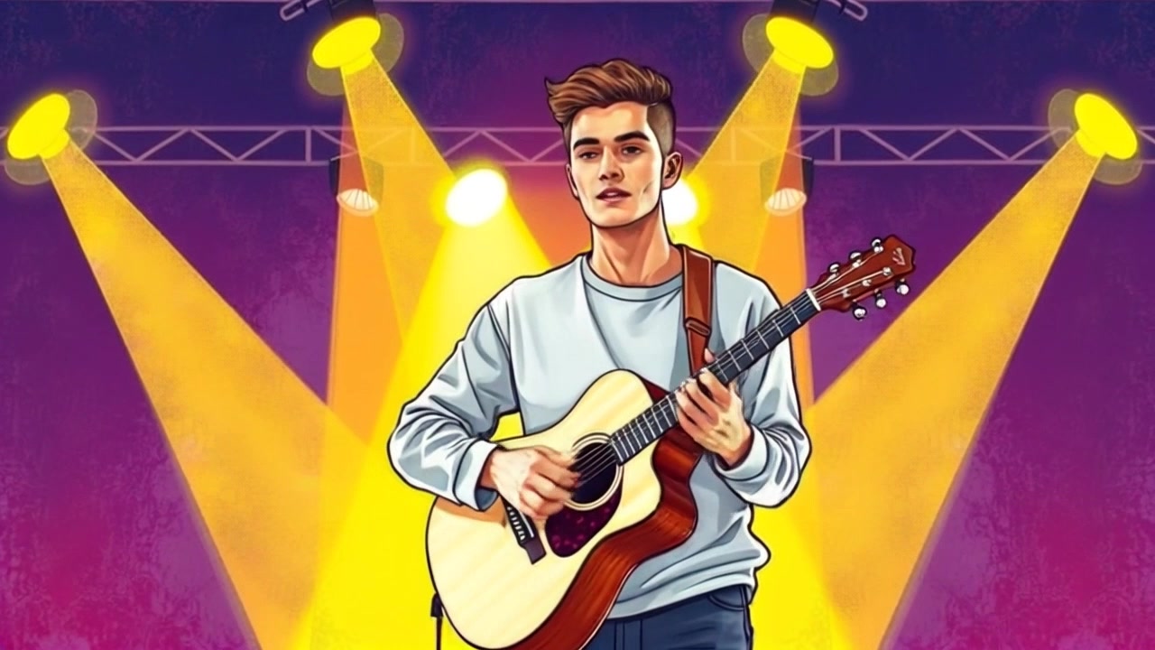 Subject: A young guitarist standing confidently on stage with his acoustic guitar. Subject movement: He strums his guitar passionately, the strings vibrating in rhythm with his body movements. Scene: Brightly lit stage setting, surrounded by vibrant lights that pulse in sync with the music. Style: Dynamic, colorful lighting enhances the performance atmosphere, creating an electrifying yet inviting mood. Motion: The camera performs a dramatic panning shot, moving from the audience to the guitarist, capturing the energy of the moment as the lights shimmer around him.