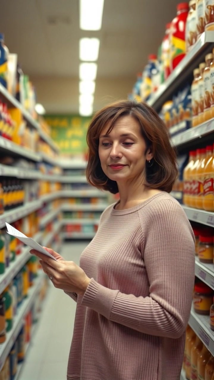 Subject: A woman standing in a grocery store aisle, focused intently on her shopping list. Subject movement: She shifts her gaze between the list and the shelves, moving slightly as she contemplates her next item. Scene: Inside a brightly lit grocery store aisle, lined with various products neatly arranged on shelves. Style: Bright and inviting lighting that enhances the vibrant colors of the products. Motion: Camera slowly pans down the aisle, capturing the array of goods, then shifts to a close-up of the woman's expression as she makes her selections.