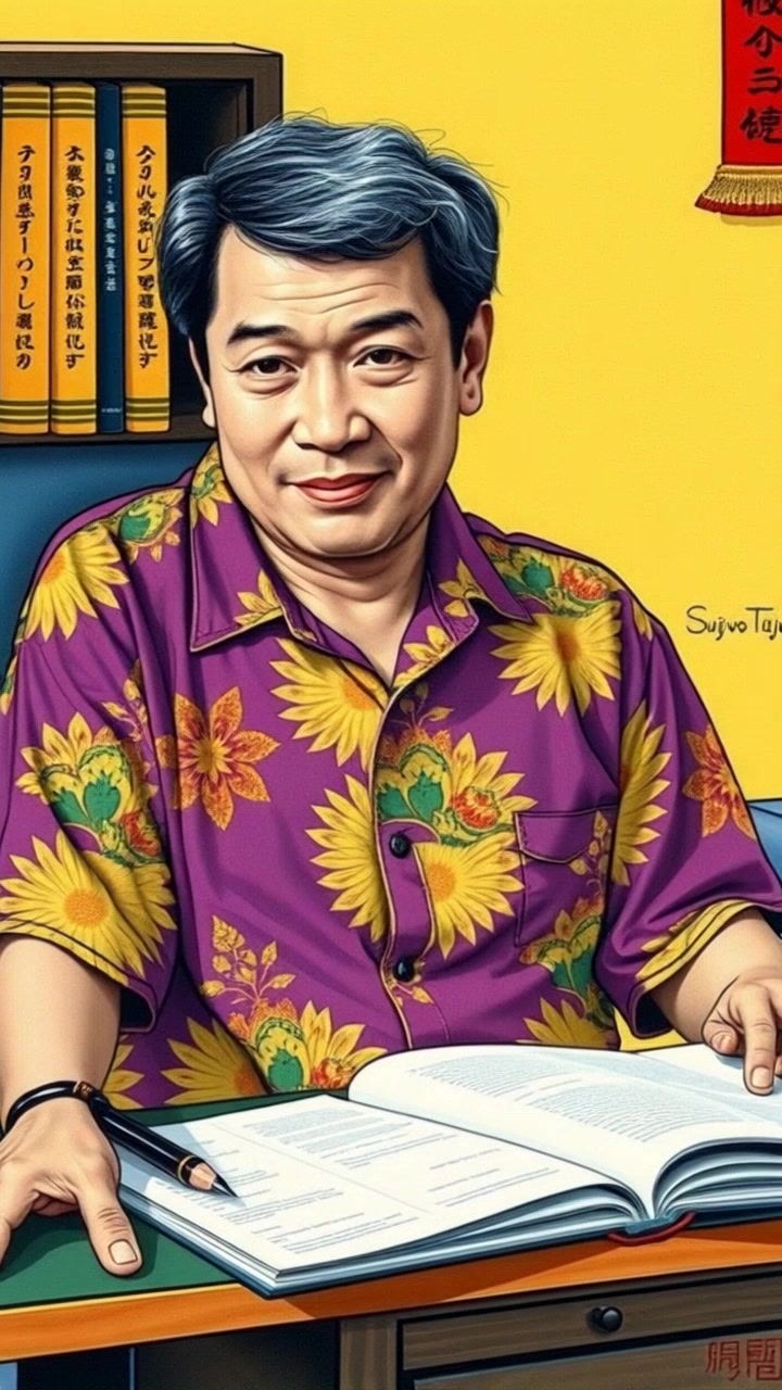 Sujiwo Tejo, wearing a batik shirt and traditional Javanese hat, sits at a desk with papers and books. Slow zoom in from a wide angle shot to a close up on his face as he pensively reads. Soft ambient lighting casts warm tones, creating a contemplative atmosphere.