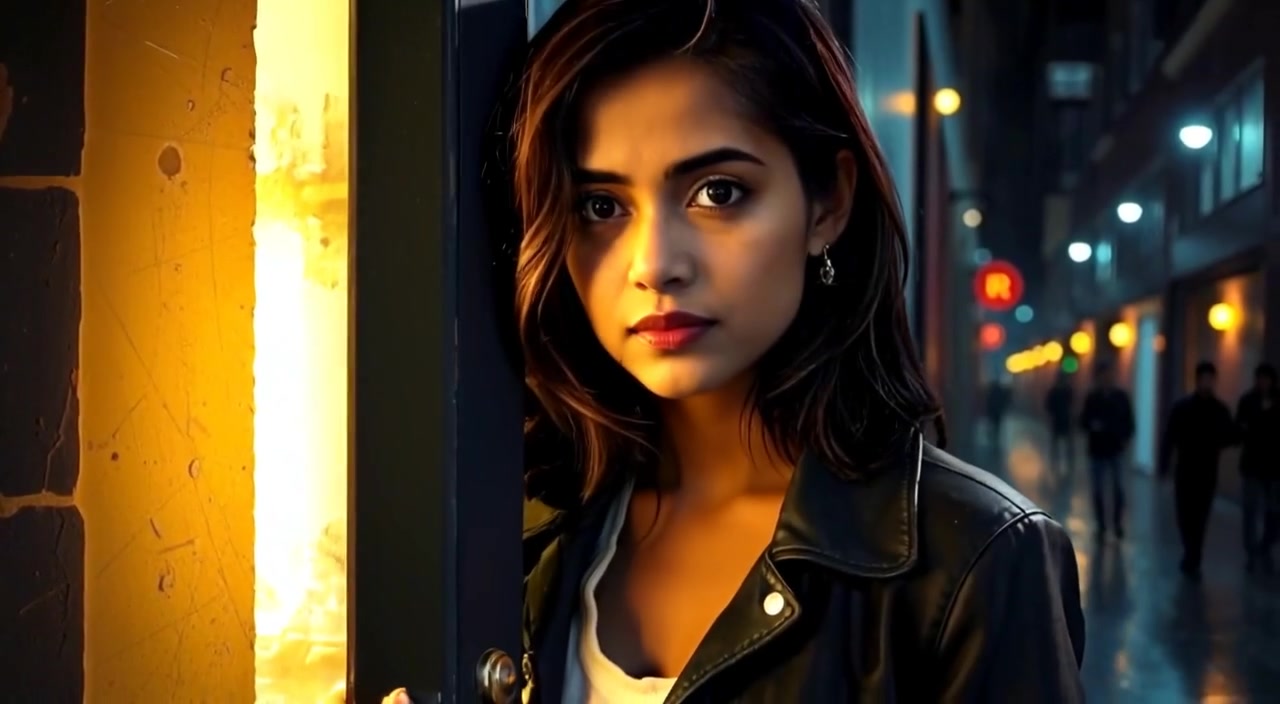The woman slowly pushes the door gently, glancing curiously into the brightly lit room.