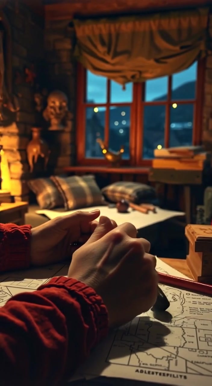The hands carefully measure and cut wood, surrounded by scattered tools and open blueprints on a cluttered workbench.