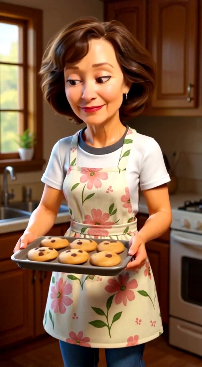 The woman gently stirs cookie dough in a sunlit kitchen, smiling as the aroma fills the air.