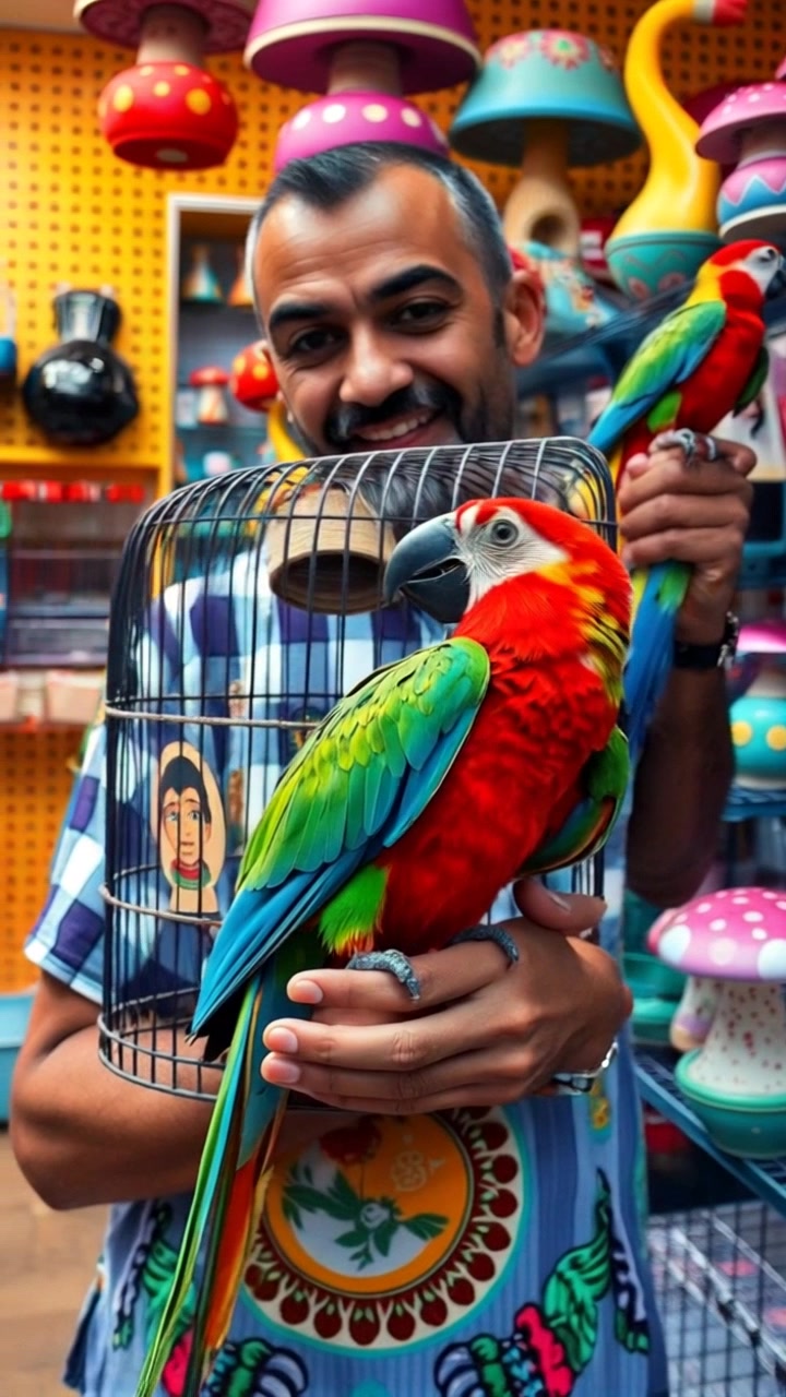 A man stands in a pet store, holding a colorful parrot in a cage, his expression radiating excitement. The camera smoothly tracks around the scene, capturing the vibrant colors of the store and the bird's feathers. Soft ambient lighting enhances the warm and welcoming atmosphere.