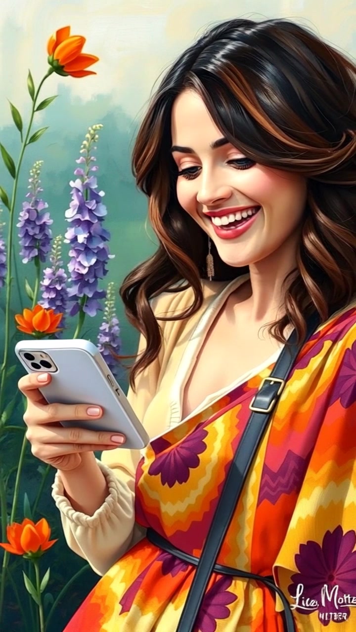 Subject: A woman enthusiastically sharing a post on social media. Subject movement: She gestures with excitement, raising her phone to capture the vibrant nature behind her. Scene: A lush, colorful garden filled with blooming flowers and greenery. Style: Bright, natural light highlighting the vivid colors of the flowers. Motion: The camera gently pushes in to capture her expression and then pans outward to reveal the stunning nature backdrop.