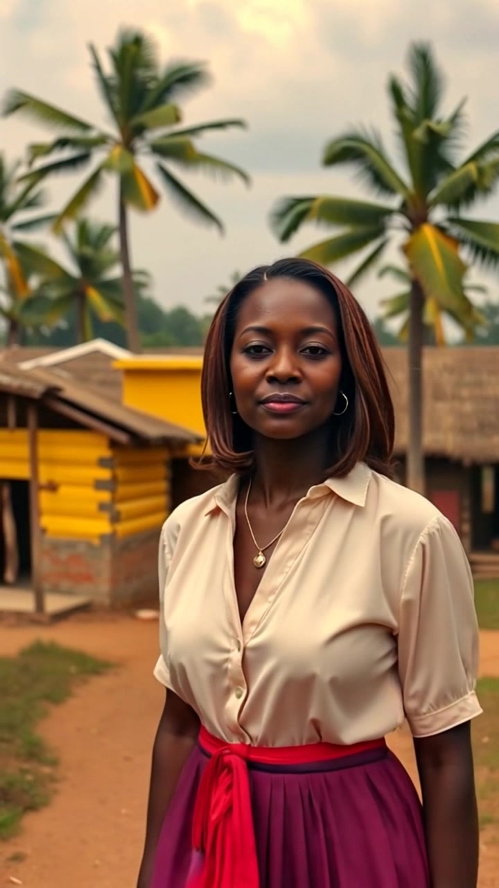 Amina, with a flowing red dress and intricate braids, spins gracefully in the center of a vibrant Nigerian village dotted with traditional huts and swaying palm trees. Begin with a slow push in on Amina as she twirls, capturing the lively atmosphere of the village bathed in golden sunlight, giving a warm and inviting feel.