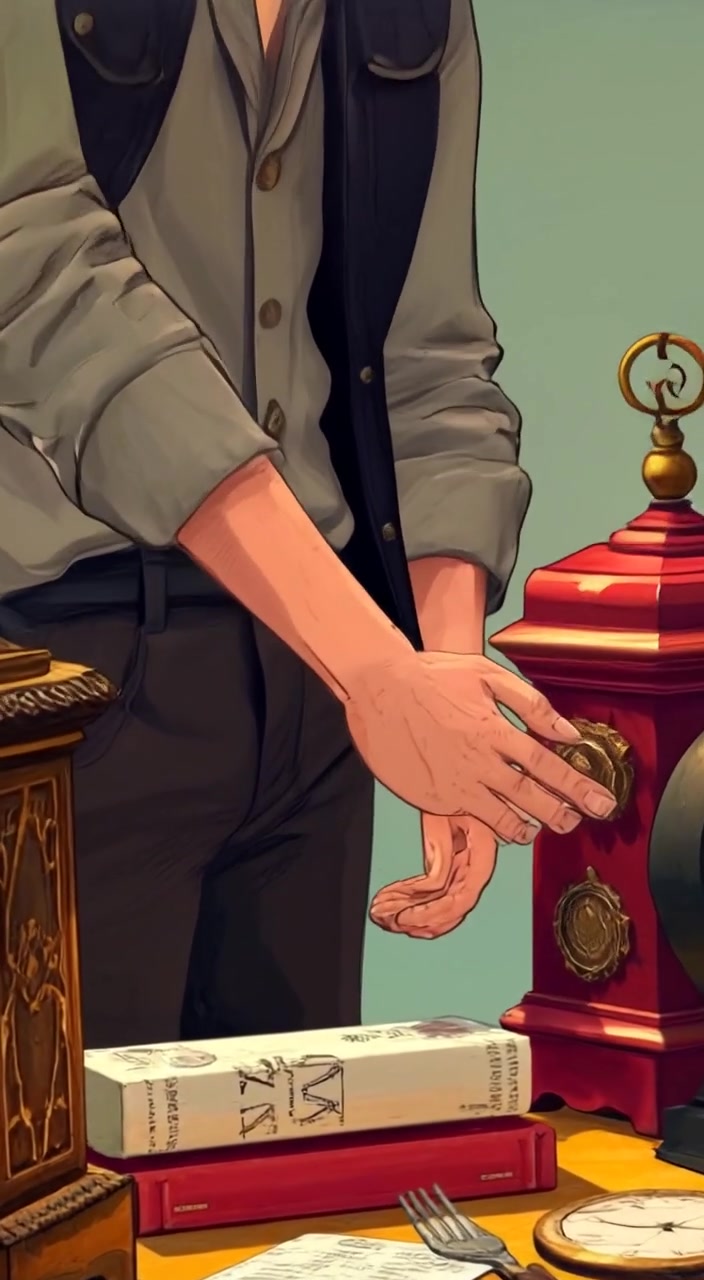 The man gently turns the antique clock, inspecting its intricate details under the soft sunlight at the flea market.