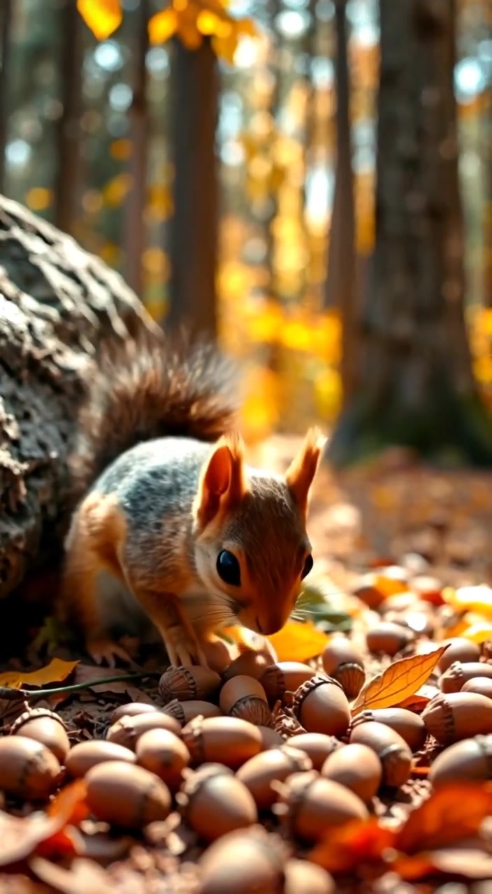 Acorn digging in a pile of acorns under a large oak tree, surrounded by falling leaves.