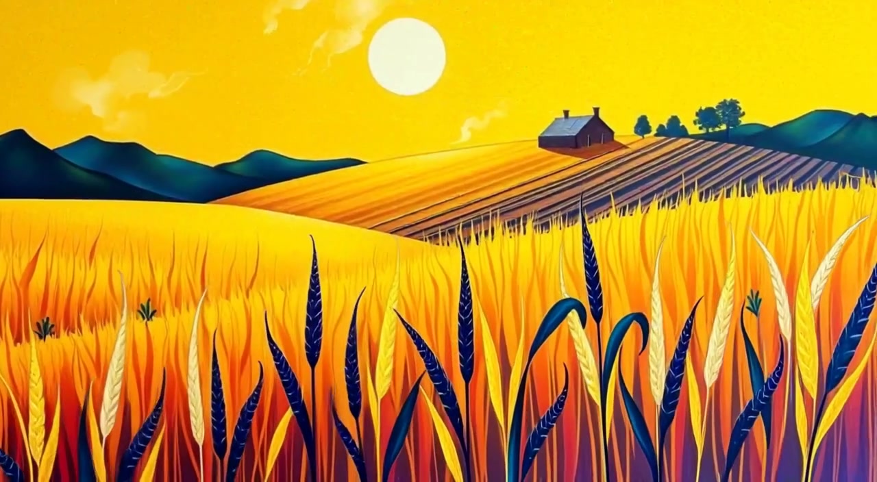 Golden wheat gently sways in the breeze, while a distant farmhouse basks in the warm sunlight.