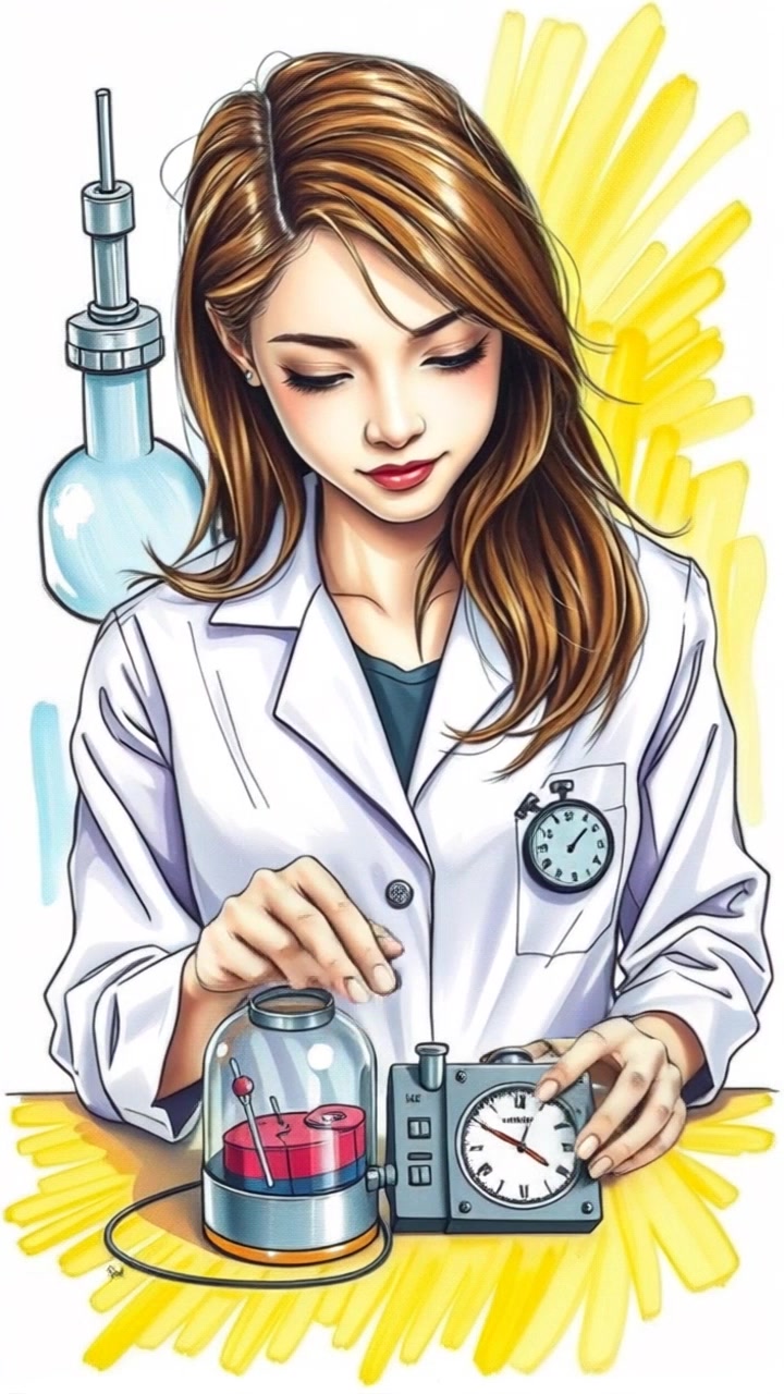 A young female scientist in a lab, examining a futuristic time device on a table.