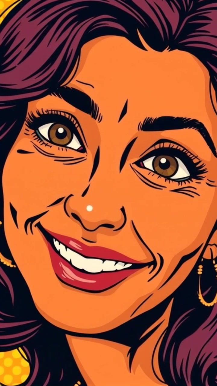 Subject: A close-up of a warm, smiling face filled with nostalgia. Scene: Intimate indoor setting with soft, blurred backgrounds suggesting a cozy living room. Style: Gentle, ambient lighting highlighting the subject's features. Motion: The camera slowly pushes in, enhancing the depth of field, capturing subtle emotional expressions and glimmers of memories in the subject's eyes.
