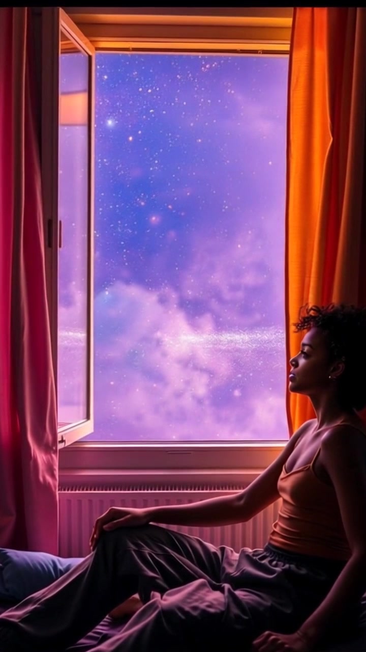 Subject: A girl named Luna sitting on her bed, gazing out of the window filled with wonder as she admires the stars. Scene: Cozy bedroom at night, decorated with soft blankets and twinkling fairy lights. Lighting: Soft, ambient moonlight spilling through the window, casting gentle shadows. Motion: The camera smoothly zooms in on Luna's face, capturing her expressions of awe as the stars shimmer brightly in the night sky.