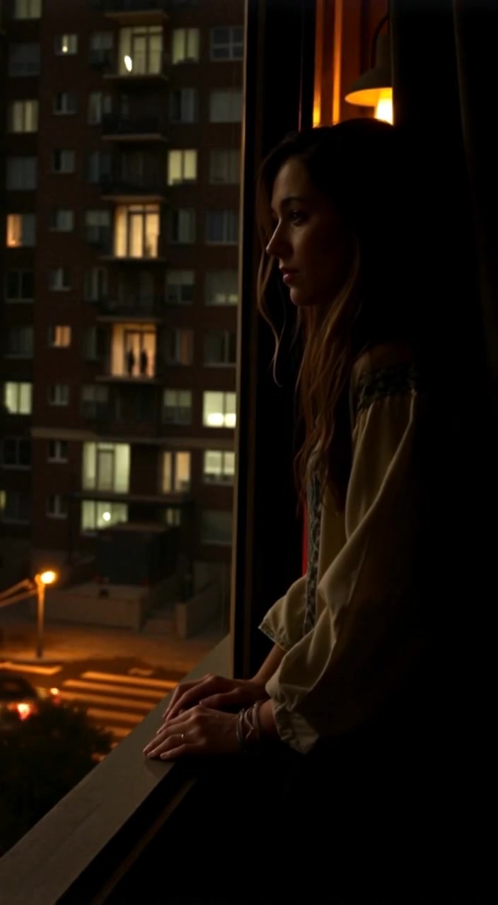 A quiet street at night, illuminated by warm streetlights, with Anna gazing out of her window.