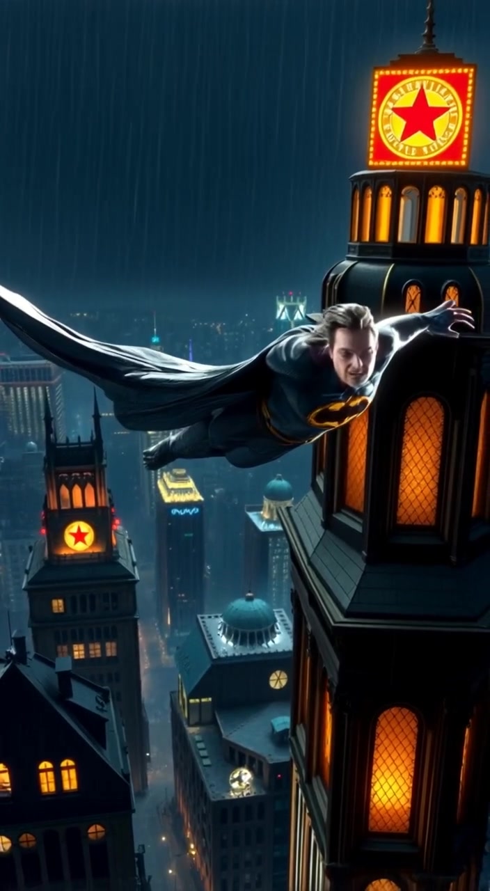 The superhero soars gracefully through the neon-lit sky, city lights shimmering below on a dark, starry night.