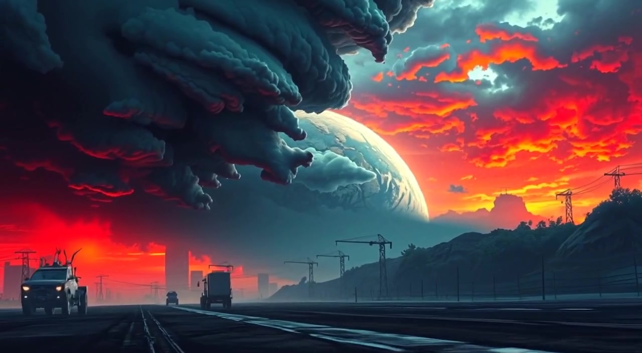 Thick clouds swirl violently above a parched landscape, while strong winds whip debris across the barren ground.