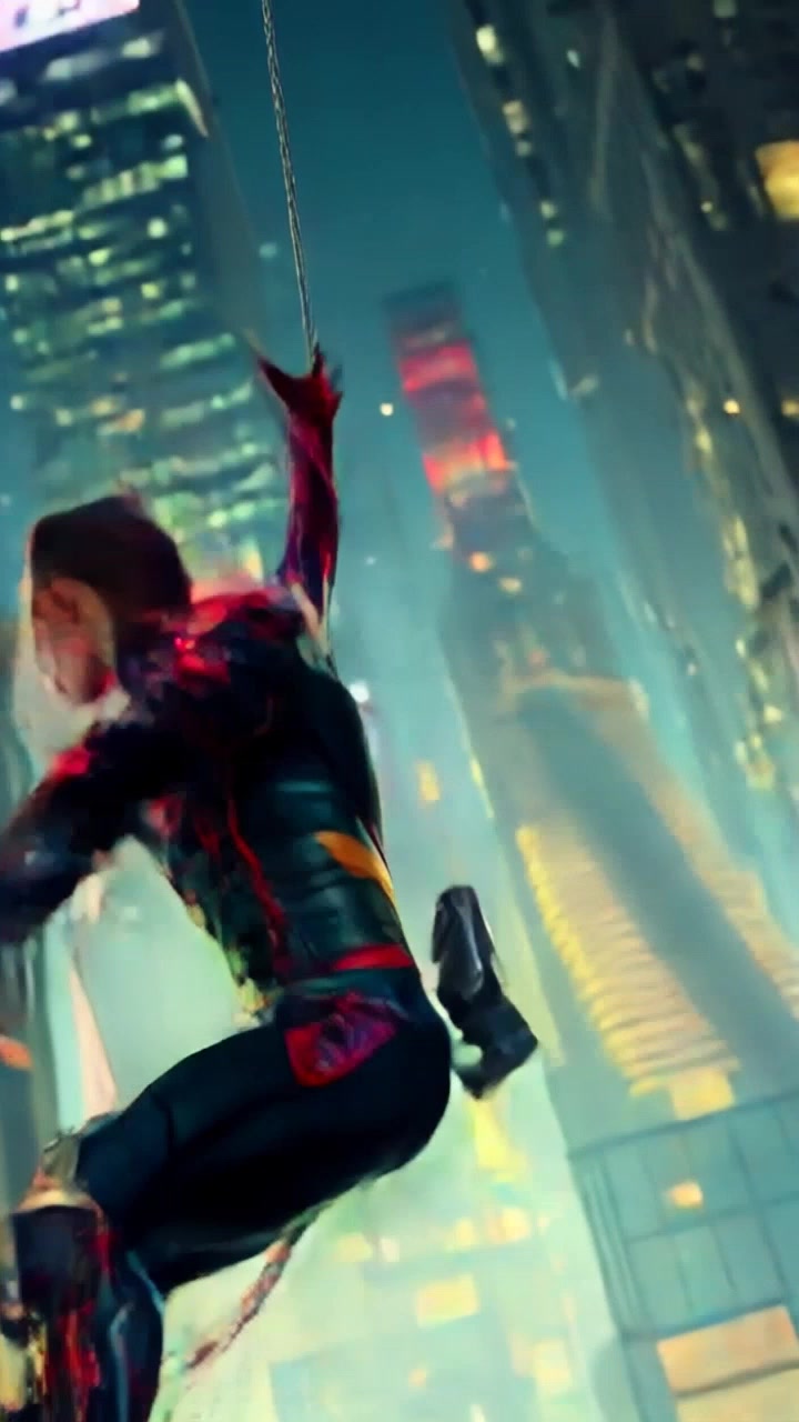 Subject: Spider-Man, wearing his iconic red and blue suit with spider emblem, swinging gracefully through the city skyline. Subject Movement: Spider-Man in fluid motion, swinging from skyscraper to skyscraper with agile precision. Scene: Urban cityscape with towering buildings below, bustling streets and flashing lights creating a dynamic backdrop. Camera Language: Fluid tracking shot following Spider-Man's movements, capturing the exhilarating perspective of his swinging. Lighting: Neon lights illuminating the city at night, casting dramatic shadows and enhancing the superhero's silhouette. Atmosphere: Energetic and thrilling, capturing the essence of a nighttime superhero pursuit.