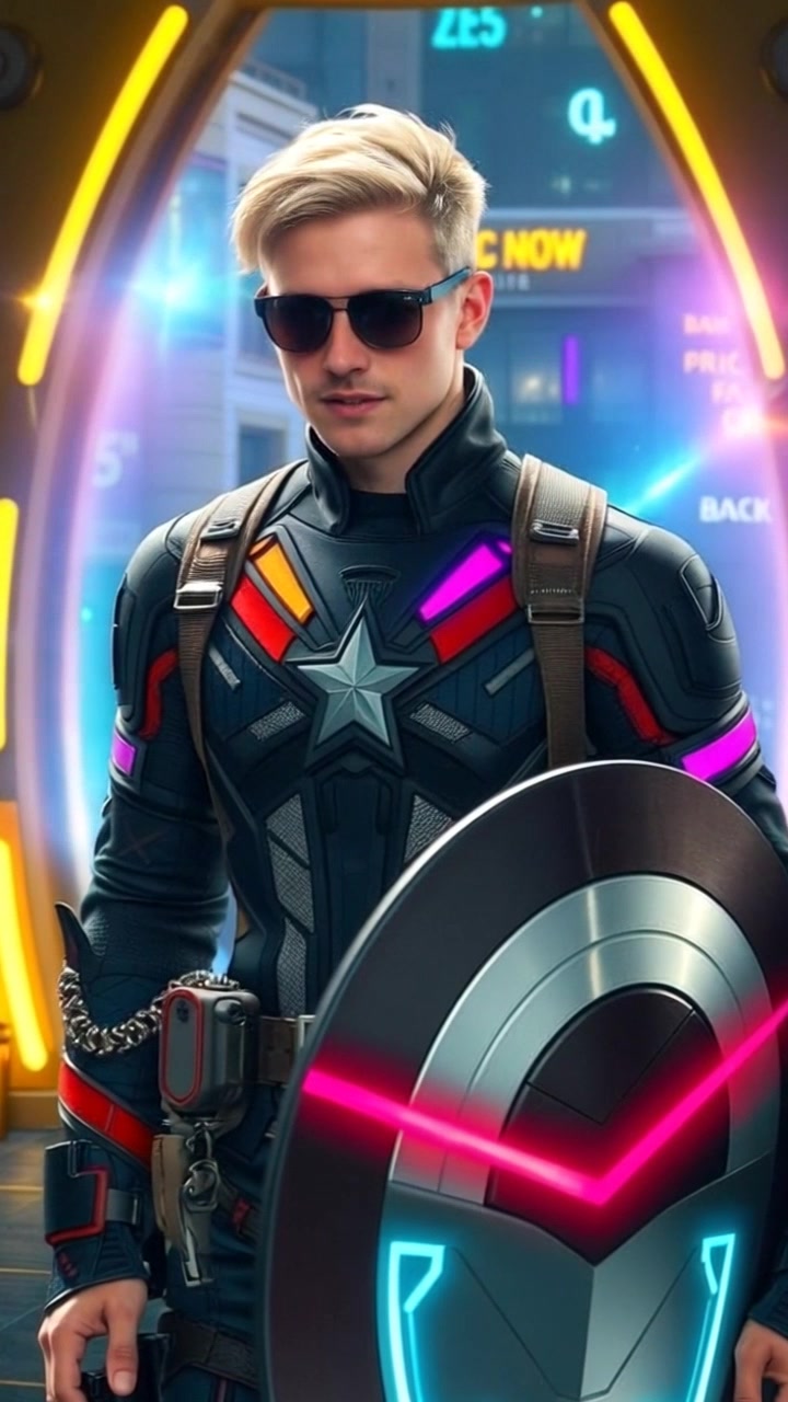 Subject: Captain America in his iconic costume, build defined by muscular physique, hairstyle neat and short, quintessential winged helmet, and shield-bearing armor. Subject movement: Slow motion of Captain America emerging confidently from the portal, exuding determination. Scene: A cosmic portal backdrop with swirling galaxies and dazzling cosmic rays, punctuated by flashes of light and energy bursts. Camera language: Push in on the emerging Captain America with dramatic panning shot to capture his heroic entrance. Lighting: Intense, dynamic color shifts from bright cosmic lights create a vibrant and fantastical atmosphere.