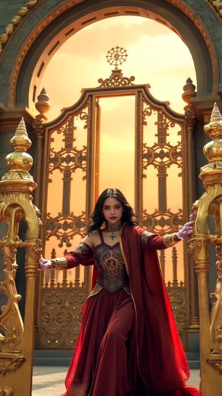 Subject: A young person named Lila energetically pushing open a grand golden gate. Subject movement: Lila's hands grip the ornate handle as she pushes the gate wide, causing a dazzling swirl of glittery dust to erupt around her. Scene: A majestic golden gate set against a mystical landscape, with ethereal lights shimmering in the distance. Style: Soft, magical lighting that enhances the glittering dust effect, creating a dreamy atmosphere. Motion: The camera glides in on Lila as she pushes the gate, then pulls back to reveal the enchanting environment surrounding her.