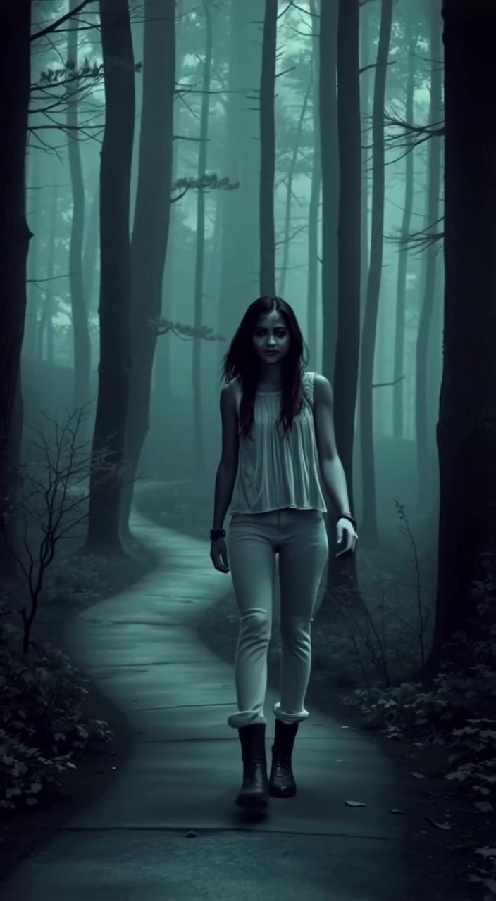 The woman walks gently along a winding path, mist swirling around her in a serene forest.