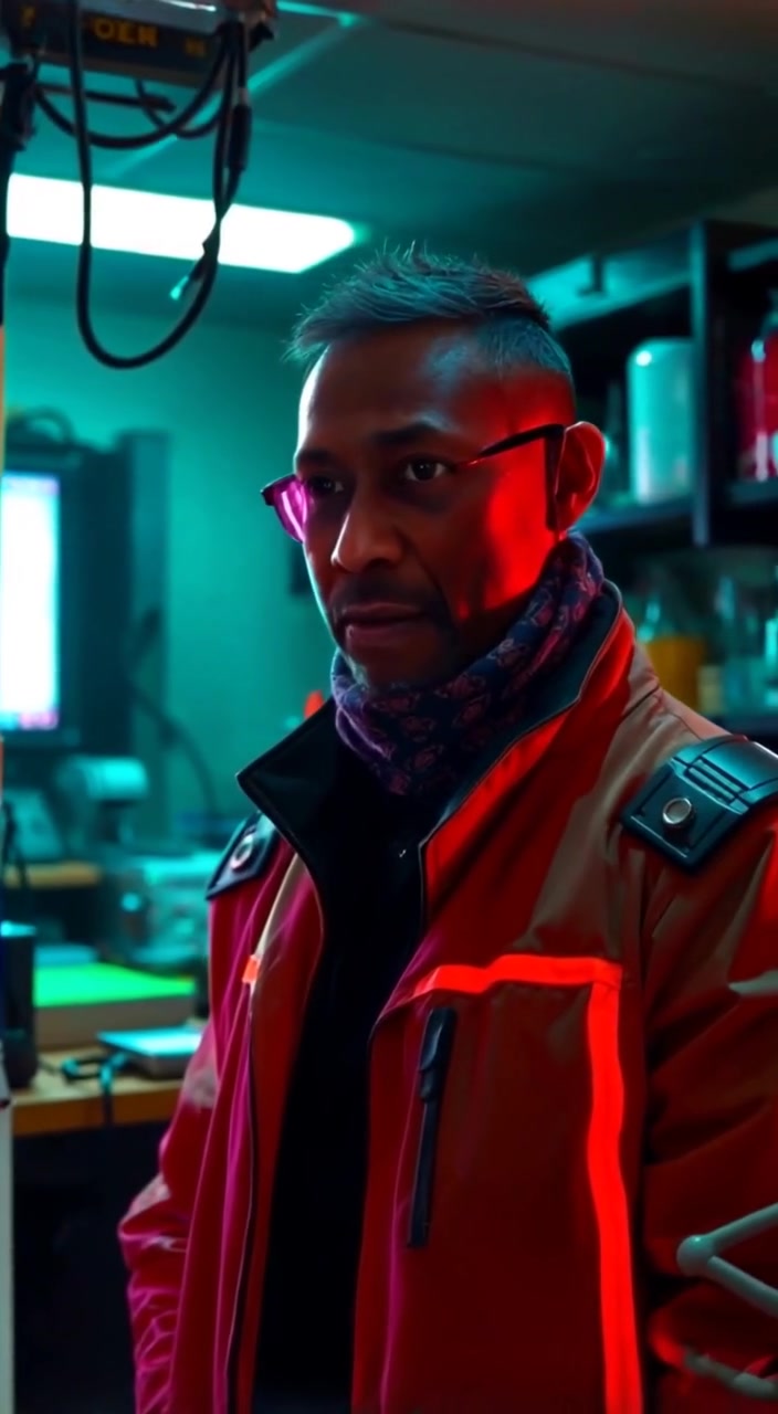 A shadowy figure moves cautiously through the dark lab, illuminated by flickering green lights and surrounded by scattered equipment.