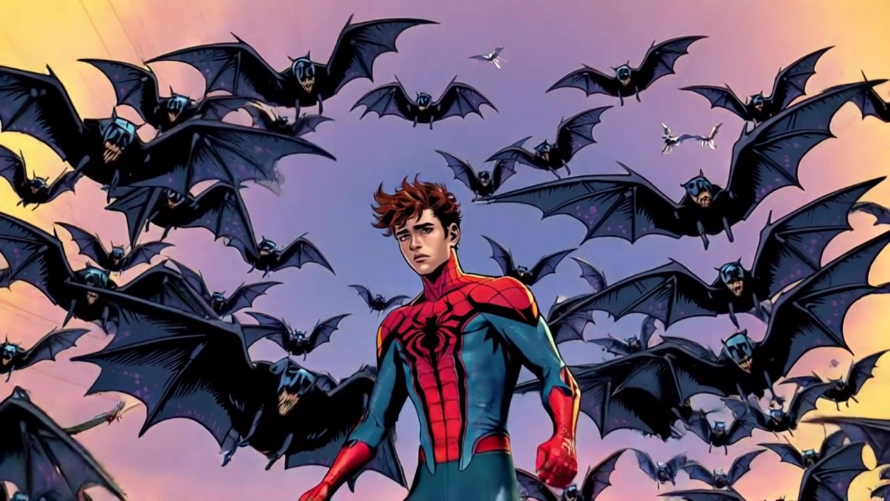 Subject: Robotic bats swirling in the sky, Spider-Man poised for action. Subject Description: Mechanical wings, metallic bodies, Spider-Man in iconic red and blue suit with web-shooters. Subject Movement: Robotic bats in chaotic flight, Spider-Man in a crouched stance readying to leap. Scene: Urban cityscape with skyscrapers towering around, dusk settling in. Camera Language: Dynamic tracking shot circling Spider-Man and the robotic bats, capturing the intensity of the confrontation. Lighting: Twilight descending, shadows lengthening across the cityscape. Atmosphere: Tense, action-packed, imminent clash between hero and machines.