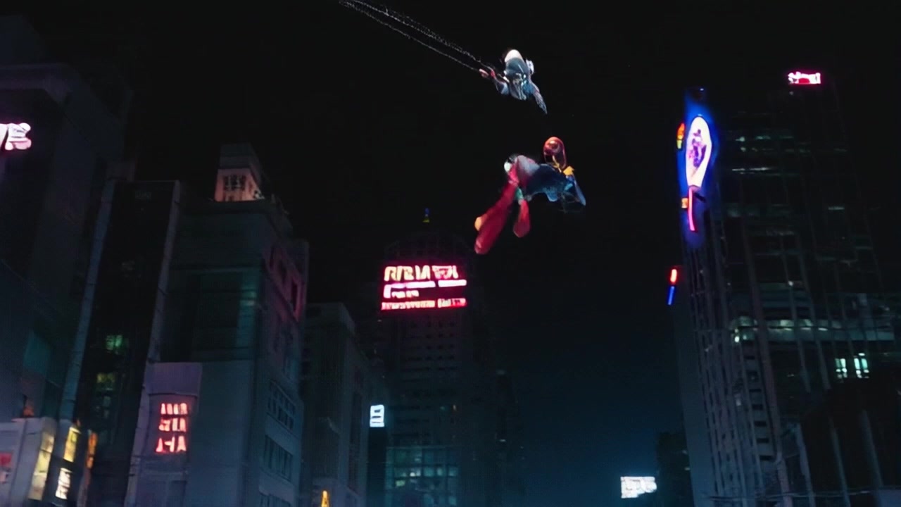 Subject: Spider-Man in his classic red and blue suit, with his signature built, spinning webs effortlessly from his wrists to ensnare a robotic bat in mid-air. Scene: Urban cityscape at night, with glowing neon signs and skyscrapers towering in the background. Camera Language: Dynamic tracking shot following Spider-Man's agile movements as he swings and captures the bat, enhancing the intensity of the action. Lighting: Stark contrast between the bright, colorful neon lights and the dark, shadowy alleys creates a dramatic atmosphere.