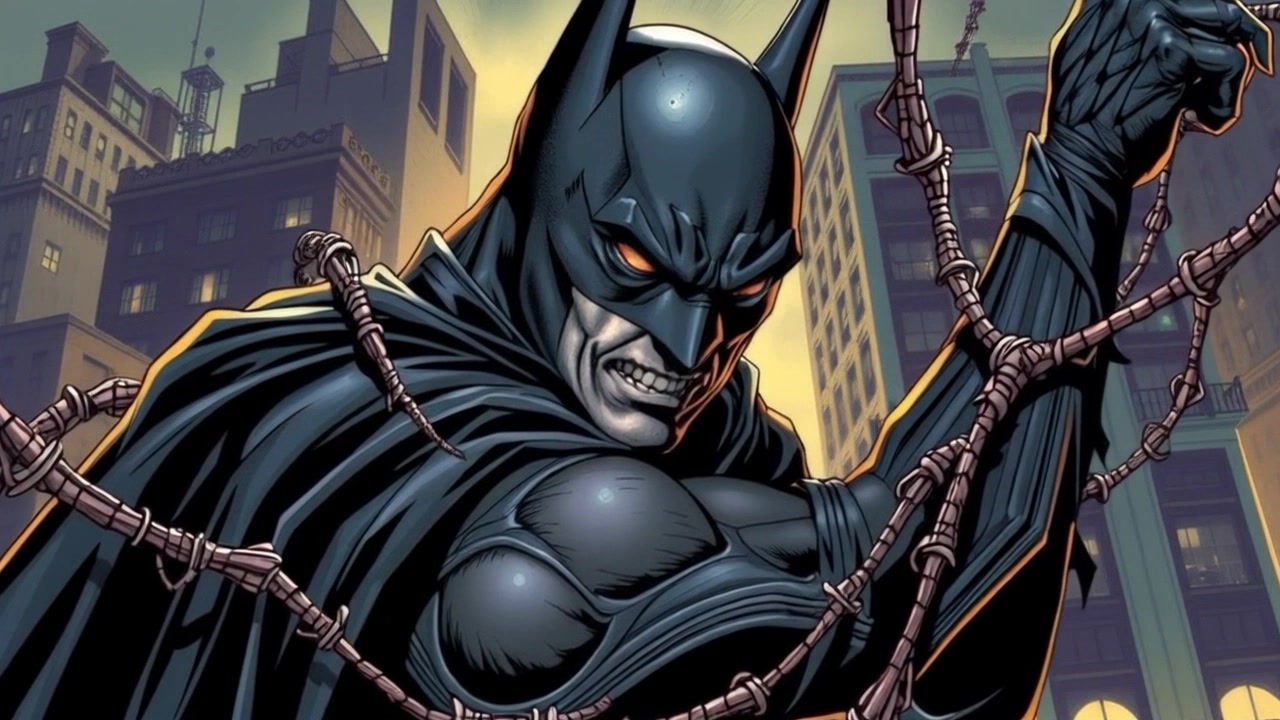Subject: Bat King, fully cocooned in a web, struggling slightly, set against a city backdrop. Subject Description: Covered in a gossamer web, regal posture, wings twitching. Subject Movement: Slight struggle within the web. Scene: Urban cityscape in the background adding a juxtaposition of natural and manmade elements. Camera Language: Slowly push in towards the Bat King, capturing its intricate struggles and the looming cityscape behind. Lighting: Ambient city lights mixed with eerie moonlight, creating a mysterious atmosphere.
