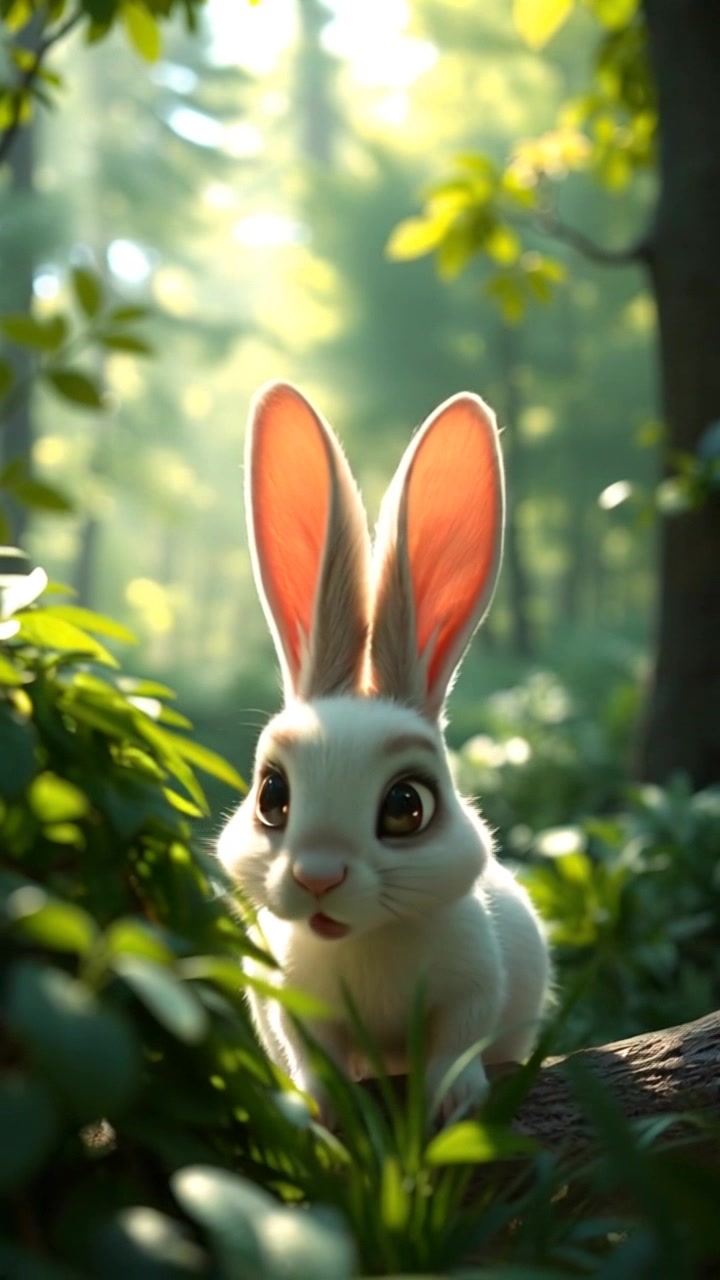 A small forest with green trees and underbrush, showing Motu the rabbit peeking out from behind a bush.