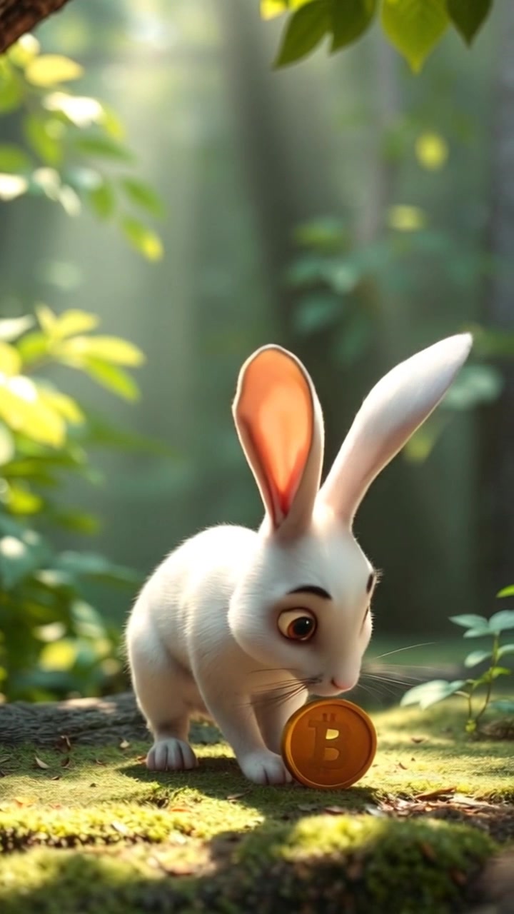 Motu the rabbit stands curiously next to a shiny gold coin lying on the forest floor.