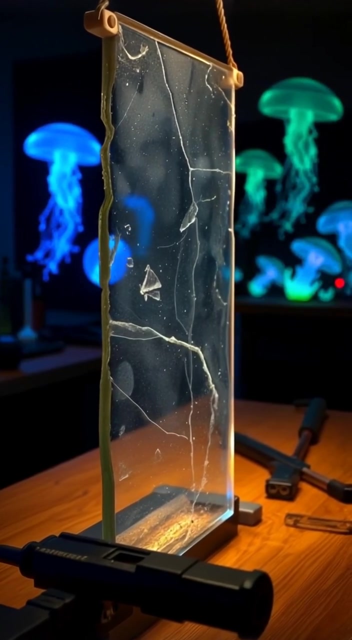 Light glints off the glass shard as it gently shifts on the wooden table.