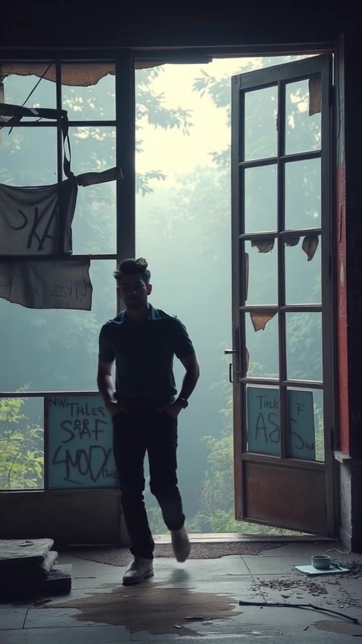 Subject: A figure stepping out of a home. Subject movement: The figure steps forward cautiously onto the misty path, surrounded by lush trees. Scene: A tranquil morning atmosphere, with soft fog enveloping the landscape and dappled light filtering through the tree leaves. Motion: A smooth handheld camera tracking shot follows the figure's movement, capturing the serene beauty of the misty setting as the camera gently sways with each step. Lighting: Soft, diffuse morning light enhances the ethereal quality of the scene, creating a calm and inviting atmosphere.