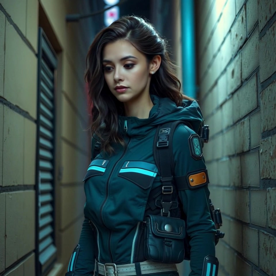 Subject: An explorer navigating a narrow alley. Subject movement: She scans her surroundings with determination, moving purposefully forward. Scene: A dimly lit alley surrounded by high stone walls, partially covered in creeping ivy. Lighting: Soft, diffused light with shadowy corners that enhance the sense of adventure. Motion: The camera follows her closely with a handheld tracking shot, capturing her focused expression as she navigates the intriguing path ahead.