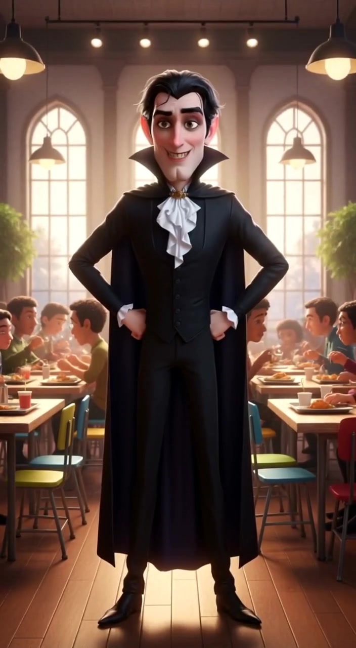The vampire casually leans against the table, observing the lively dining hall with a mischievous grin.