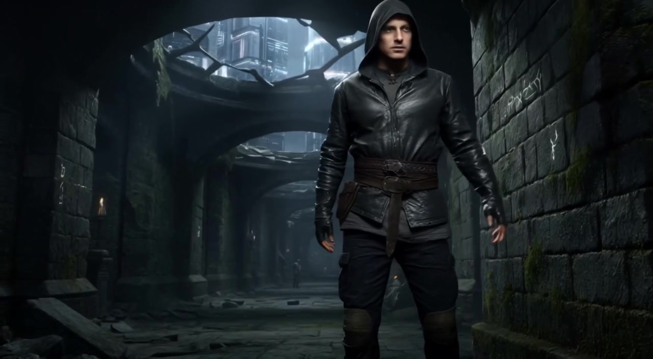 Kael stands in a dark underground chamber filled with shadows, surrounded by ancient stone walls.