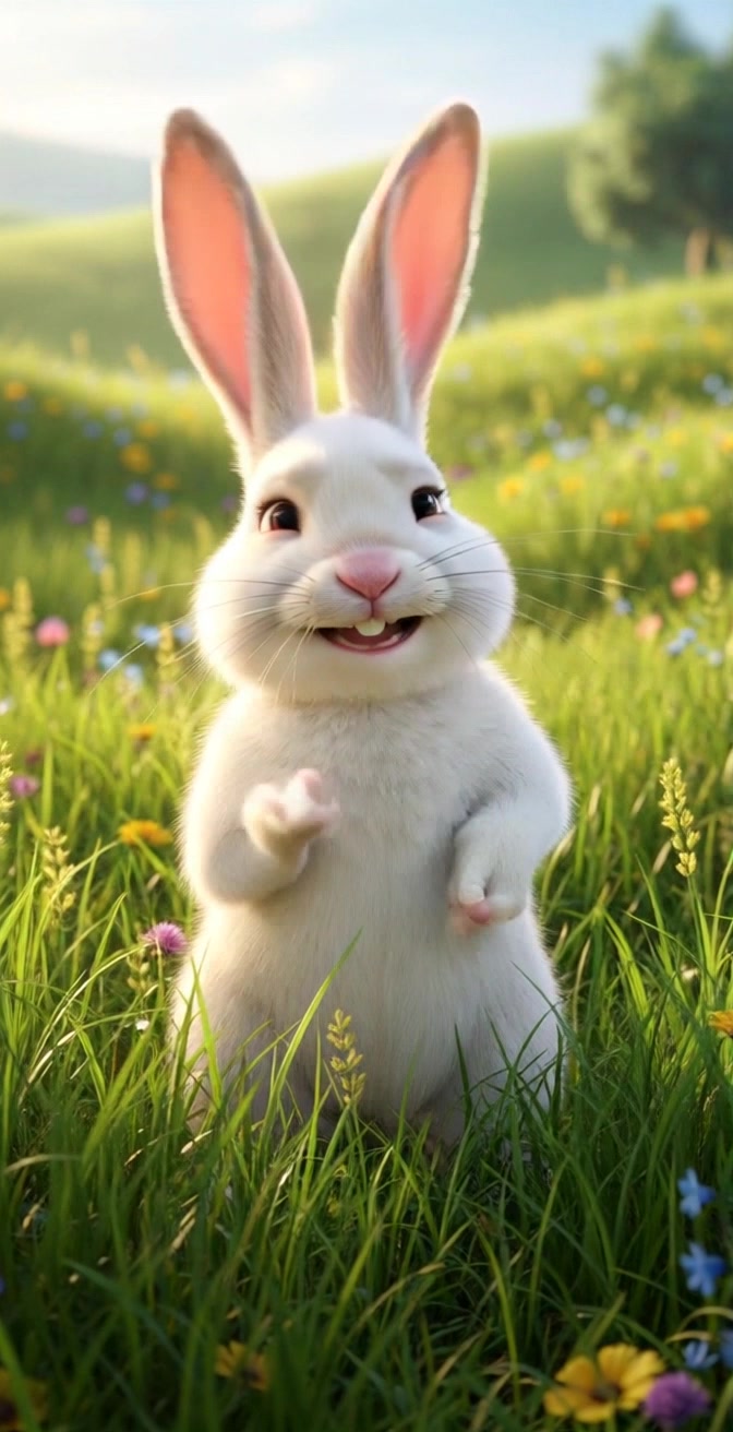 The White Rabbit continuing to talk, gesturing with one paw raised, surrounded by tall grass.